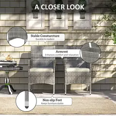 Outsunny 2 Pieces Rattan Garden Chairs Dining Chair Set with Cushion, Mixed Grey - 4