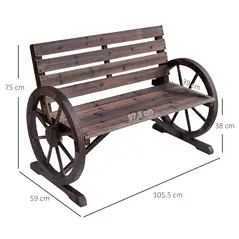 Outsunny 2 Seater Garden Bench with Wooden Cart Wagon Wheel Rustic High Back Brown - 3