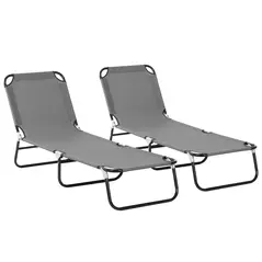 Outsunny 2 Piece Foldable Sun Loungers with 5-Position Adjustable Backrest, Outdoor Portable Recliner Chaise Lounge Chairs with Breathable Mesh Fabric, Grey - 1