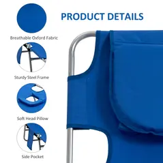 Outsunny 2 Pieces Foldable Sun Lounger with Reading Hole, Portable Sun Lounger with 5 Level Adjustable Backrest, Reclining Lounge Chair with Side Pocket, Headrest Pillow, Blue - 6