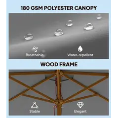 Outsunny 2.5m Wood Garden Parasol Sun Shade Patio Outdoor Wooden Umbrella Canopy, Table Market Umbrella with Vent, 38mm Pole, Rope Pulley Mechanism, Grey - 5