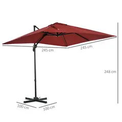 Outsunny 2.5 x 2.5m Patio Offset Parasol Umbrella Cantilever Hanging Aluminium Sun Shade Canopy Shelter 360° Rotation with Crank Handle and Cross Base, Wine Red - 3