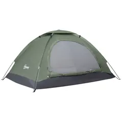 Outsunny 2 Person Camping Tent, Camouflage Tent with Zipped Doors, Storage Pocket, Portable Handy Bag, Dark Green - 1