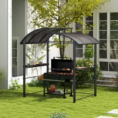 Outsunny 2.4 x 1.5m Outdoor Grill Gazebo with Side Shelves, PC Board Roof, Dark Grey - 2