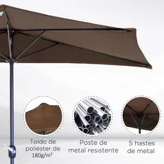 Outsunny 2.7m Balcony Half Parasol Garden Outdoor Umbrella 5 Steel Ribs - Brown - 5