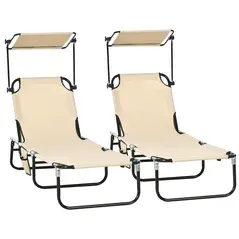 Outsunny 2 Piece Folding Sun Loungers with Canopy, Adjustable Recliner Garden Chairs with Side Pocket, Steel Frame and Breathable Mesh for Outdoor, Pool, Beach, Garden, Tan Brown - 1