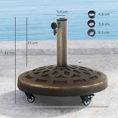 Outsunny 21kg Resin Garden Parasol Base with Wheels, Round Umbrella Stand, Heavy Duty Sun Umbrella Base for 32, 38, 48 mm Umbrella Poles for Deck Poolside, Bronze Tone - 3