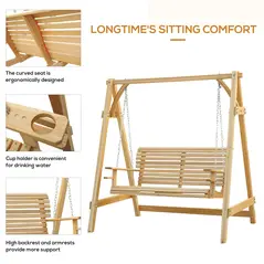 Outsunny 2 Seater Garden Swing Seat, Wooden Swing Chair Bench with Cup Holders for Outdoor Porch Patio, Natural - 6