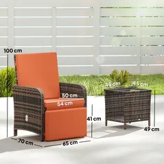 Outsunny 3 Pieces Rattan Bistro Set Balcony Furniture with Cushions, Storage Function - Orange - 3