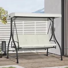 Outsunny 3 Seater Canopy Swing Chair, 2 in 1 Garden Swing Seat Bed, with Adjustable Canopy and Metal Frame, Cream White - 2
