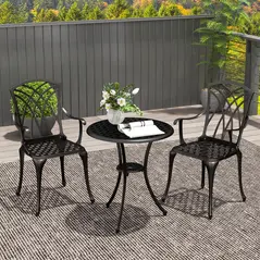 Outsunny 3 Pieces Garden Dining Set for 2, Cast Aluminium Outdoor Dining Set with 2 Armchairs and Round Dining Table with Parasol Hole, Garden Furniture Set, Bronze Tone - 2