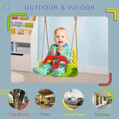 Outsunny 3 in 1 Detachable Kids Swing Seat with Safety Belt, Adjustable Rope for Indoor, Outdoor, Playground, Garden, Green - 7