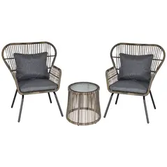 Outsunny 3 Pieces Rattan Bistro Set, Wicker Garden Furniture Set with Cushions, Glass Top Coffee Table and Chairs for Outdoor, Patio, Balcony, Grey - 1
