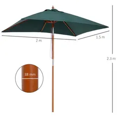 Outsunny 2m x 1.5m Garden Parasol Umbrella with Tilting Sunshade Canopy, Outdoor Market Table Umbrella with Wood and Bamboo Frame, Green - 3
