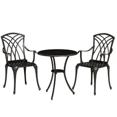 Outsunny 3 Pieces Garden Dining Set for 2, Cast Aluminium Outdoor Dining Set with 2 Armchairs and Round Dining Table with Parasol Hole, Garden Furniture Set, Bronze Tone - 1