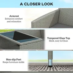 Outsunny 2-Seater PE Rattan Outdoor Garden Bench w/ Centre Table Grey - 6