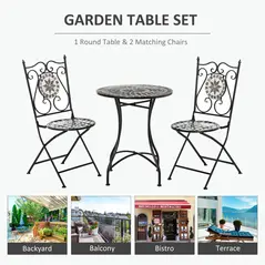 Outsunny 3 Pcs Mosaic Tile Garden Bistro Set Outdoor Seating w/ Table 2 Folding Chairs Set Metal Frame Elegant Scrolling Indoor Patio Balcony - 5