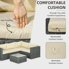 Outsunny 3 Pieces PE Rattan Garden Furniture Set with 10 cm Thick Cushions, 4 Seater Garden Corner Sofa Set with Glass Top Coffee Table, Outdoor Furniture for Patio, Porch, Beige - 5