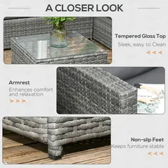 Outsunny 3 Pieces PE Rattan Garden Furniture Set with 10 cm Thick Cushions, 4 Seater Garden Corner Sofa Set with Glass Top Coffee Table, Outdoor Furniture for Patio, Porch, Grey - 6