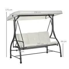 Outsunny 3 Seater Canopy Swing Chair, 2 in 1 Garden Swing Seat Bed, with Adjustable Canopy and Metal Frame, Cream White - 3