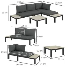 Outsunny 3 Pieces Garden Furniture Set, Aluminium 4 Seater Corner Sofa Set with 2 Loveseats, Coffee Table and Side Trays, Outdoor Conversation Furniture with Cushions for Garden, Dark Grey - 3