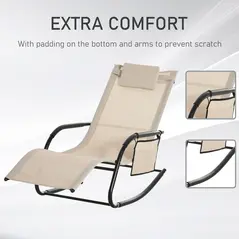 Outsunny 2PCs Outdoor Garden Rocking Chair, Patio Sun Lounger Rocker Chair with Breathable Mesh Fabric, Removable Headrest Pillow, Armrest, Side Storage Bag, Cream White - 7