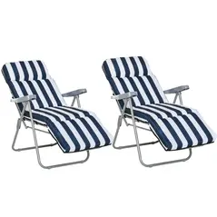 Outsunny 2Pc Folding Sun Loungers Set-Blue/White - 1