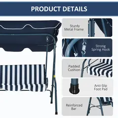 Outsunny 3 Seater Garden Swing Seat Chair Outdoor Bench with Adjustable Canopy and Metal Frame, Blue Stripes - 5