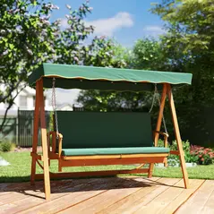 Outsunny 3 Seater 2-in-1 Wooden Garden Swing Seat Swing Chair Outdoor Convertible Hammock Bench Furniture Lounger Bed Wood, Dark Green - 2