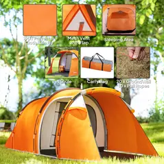 Outsunny 2-3 Man Tunnel Tents w/ Vestibule Camping Tent Porch Air Vents Weather-Resistant Shelter, Orange - 4