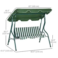 Outsunny 3 Seater Garden Swing Seat Chair Outdoor Bench with Adjustable Canopy and Metal Frame, Green Stripes - 3