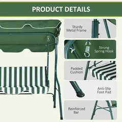 Outsunny 3 Seater Garden Swing Seat Chair Outdoor Bench with Adjustable Canopy and Metal Frame, Green Stripes - 5