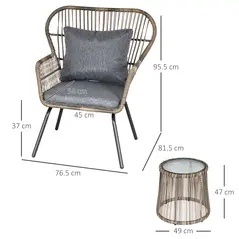 Outsunny 3 Pieces Rattan Bistro Set, Wicker Garden Furniture Set with Cushions, Glass Top Coffee Table and Chairs for Outdoor, Patio, Balcony, Grey - 3