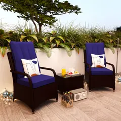 Outsunny 3 Pieces Rattan Bistro Set with Furniture Cover, Wicker Garden Furniture Set, Glass Top Coffee Table and Chairs with Cushions for Outdoor, Patio, Balcony, Dark Blue - 2