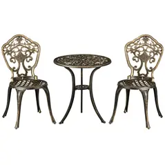 Outsunny 3 Piece Cast Aluminium Garden Bistro Set for 2 with Parasol Hole, Outdoor Coffee Table Set, Two Armless Chairs and Round Coffee Table for Balcony, Patio, Bronze - 1