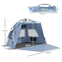 Outsunny 2-3 Person Pop Up Beach Tent, UPF15+ Sun Shelter with Extended Floor, Sandbags, Mesh Windows and Carry Bag, Light Blue - 3