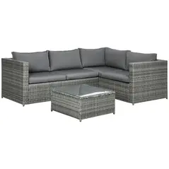 Outsunny 3 Pieces PE Rattan Garden Furniture Set with 10 cm Thick Cushions, 4 Seater Garden Corner Sofa Set with Glass Top Coffee Table, Outdoor Furniture for Patio, Porch, Grey - 1