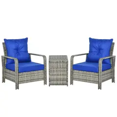 Outsunny 3 Pieces Rattan Bistro Set, Wicker Garden Furniture Set with Storage Coffee Table and Chairs, Thickened Cushions for Outdoor, Patio, Balcony, Blue - 1