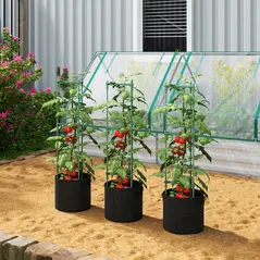 Outsunny 3 Packs Tomato Cages with 83.7L Grow Bags, 47.2" Adjutstable Triangle Plant Stakes Support Trellis with Planter Bags - 2