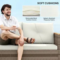 Outsunny 3 Pieces Rattan Garden Furniture Set, L Shaped Garden Conversation Chaise Lounge Furniture with Wood Top Coffee Table and Thick Cushions, Cream - 5