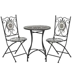 Outsunny 3 Pcs Mosaic Tile Garden Bistro Set Outdoor Seating w/ Table 2 Folding Chairs Set Metal Frame Elegant Scrolling Indoor Patio Balcony - 1