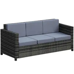 Outsunny 3 Seater All Weather Outdoor Sofa, Garden Rattan Sofa with Cushions and Mental Frame, Grey - 1