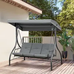 Outsunny 3 Seater Canopy Swing Chair, 2 in 1 Garden Swing Seat Bed, with Adjustable Canopy and Metal Frame, Dark Grey - 2