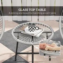 Outsunny 3 Pieces Rattan Bistro Set, Garden Bistro Set with Acapulco Chairs and Glass Top Table, Small Garden Furniture Set with Reinforced Metal Frame for Outdoor, Patio, Balcony, Grey - 6