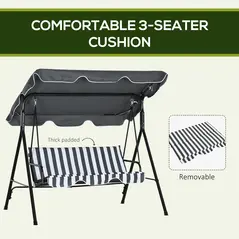 Outsunny 3 Seater Garden Swing Chair, Outdoor Swing Chair with Adjustable Canopy, Mental Frame & Cushions, Grey - 7