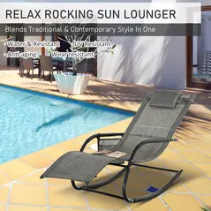 Outsunny 2PCs Outdoor Garden Rocking Chair, Patio Sun Lounger Rocker Chair with Breathable Mesh Fabric, Removable Headrest Pillow, Armrest, Side Storage Bag, Dark Grey - 4