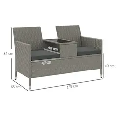 Outsunny 2-Seater PE Rattan Outdoor Garden Bench w/ Centre Table Grey - 3