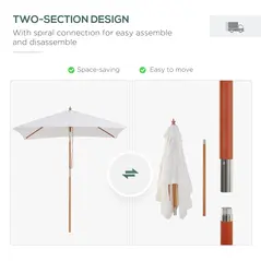 Outsunny 2m x 1.5m Garden Parasol Umbrella with Tilting Sunshade Canopy, Outdoor Market Table Umbrella with Wood and Bamboo Frame, Cream White - 7