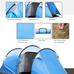 Outsunny 2-3 Man Tunnel Tent with Vestibule, Weather-Resistant Camping Tent with Air Vents for Fishing Hiking, Light Blue & Grey - 6
