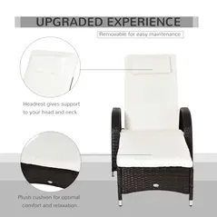 Outsunny 2PC Rattan Sun Lounger Recliner Bed Reclining Chair Patio Garden Outdoor Wicker Weave Adjustable Headrest with Fire Retardant Cushion – Brown - 5